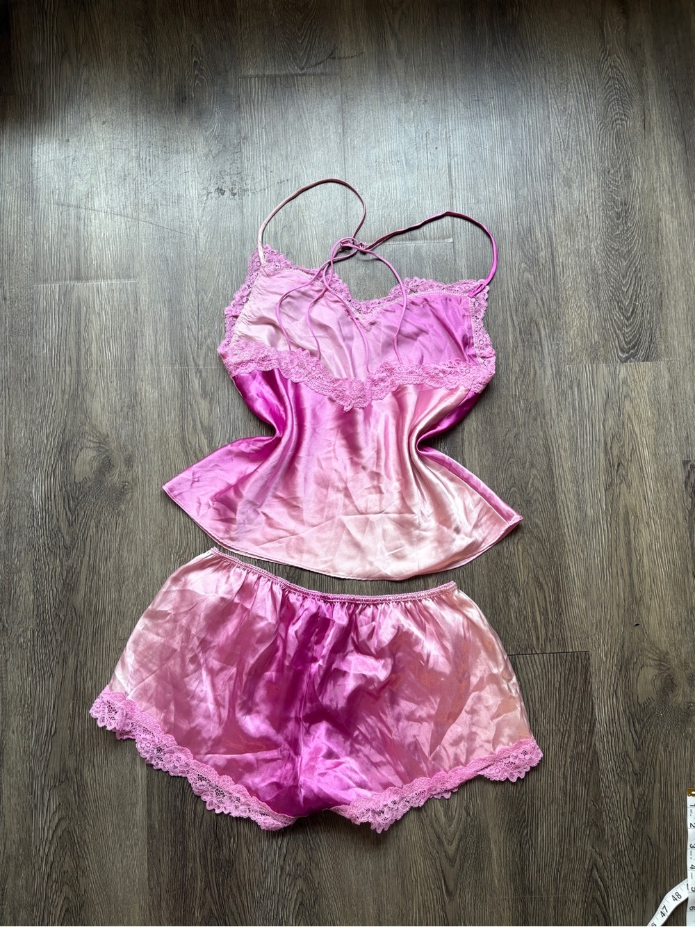 Pink Satin Lace Trim Lingerie Set | Cami & Shorts - Picture 2 of 5